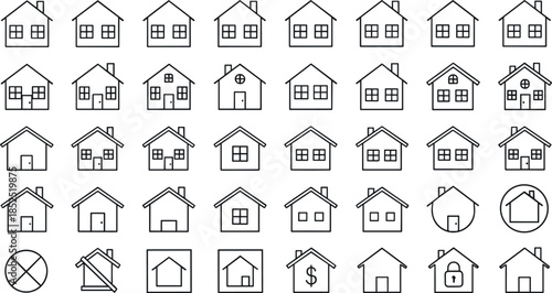 House and home line icon set featuring residential buildings, real estate properties, housing symbols and architecture elements in clean outline vector style
