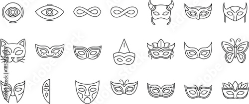Carnival and masquerade mask line icon set featuring theatrical, fantasy, mystery and costume symbols in clean minimal black outline vector illustration style