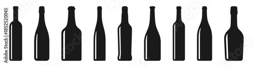 Wine bottle icon set. Glass, glossy bottles, drink, silhouette, alcohol, red, winery, bar - stock vector.