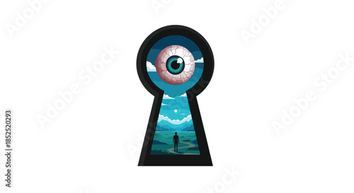 Surreal and abstract vector illustration of a large eyeball looking through a keyhole at a lonely figure in a mysterious night landscape.