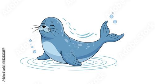 Adorable cartoon baby seal character smiling and happily splashing in the water, creating ripples and bubbles, on a clean white background.