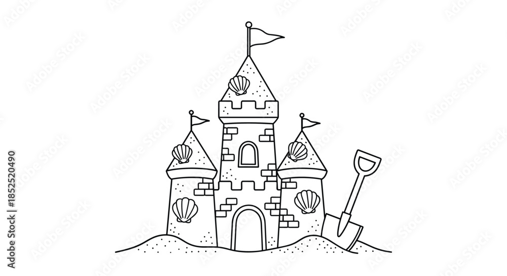 Obraz premium A simple black and white outline drawing of a sandcastle with towers, flags, and shells, next to a shovel, for a summer coloring page.