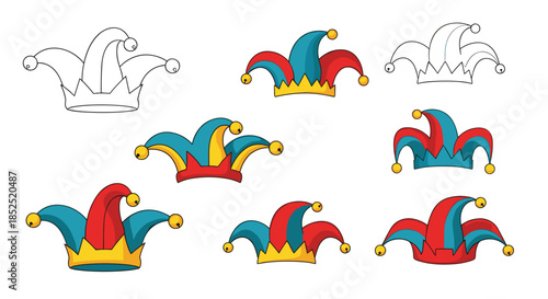 A collection of colorful and outline jester hats, perfect for April Fool's Day, carnivals, and medieval fair themed designs and coloring.