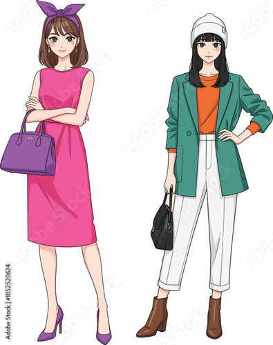 Two stylish young women in fashionable outfits with handbags and accessories standing together isolated on a white background vector