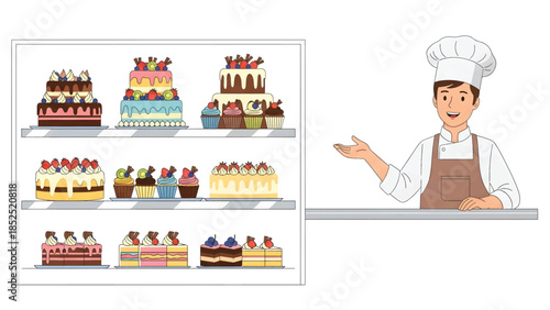 Baker Displaying a Variety of Cakes in Bakery Showcase