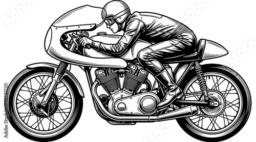 A motorcyclist wearing a helmet rides a motorcycle with a streamlined body and large engine in a dynamic pose against a plain white background.