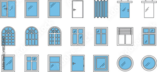 Window and door flat icon set featuring residential glass frames, sliding windows, modern architecture elements and home exterior design symbols in clean vector style