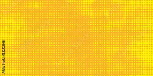Yellow halftone pattern. Retro comic gradient background. Bright orange pixelated dotted texture overlay. Cartoon pop art faded gradient pattern. Vector backdrop for poster, eps10