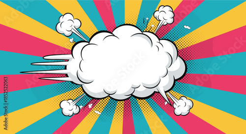 Rushing pop art cloud explosion with motion lines and smoke on a background of radiating colorful stripes for a dynamic feel.