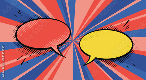 Red and yellow comic book speech bubbles facing each other for a versus or debate concept on a dynamic radial background.