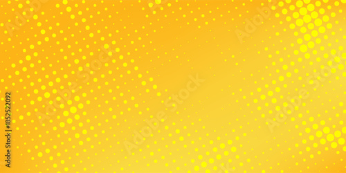 Yellow halftone pattern. Retro comic gradient background. Bright orange pixelated dotted texture overlay. Cartoon pop art faded gradient pattern. Vector backdrop for poster, eps10