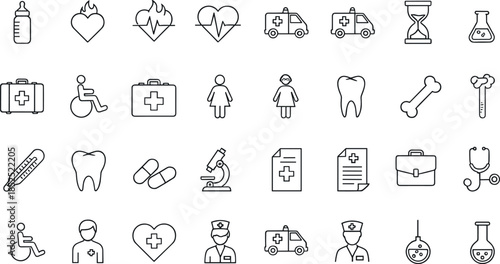 Medical and healthcare line icon set featuring doctors, ambulance, heart monitoring, pills, laboratory tools and hospital treatment symbols in clean outline vector style