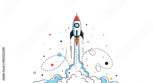 Stylized rocket ship launching into space with a creative trajectory representing a successful business startup and innovation.