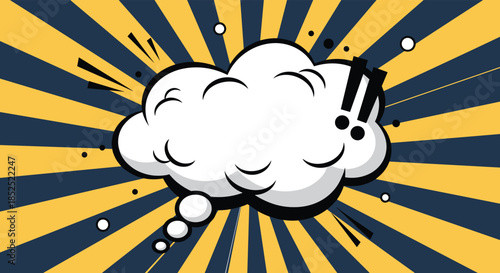 Energetic pop art thought bubble with exclamation marks on a dynamic background of radiating dark blue and yellow stripes.
