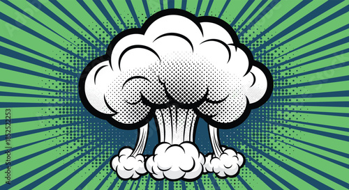 Retro pop art illustration of a large mushroom cloud explosion with halftone details on a vibrant green radial background.