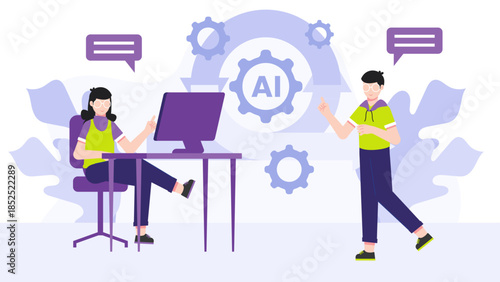 Corporate Team Onboarfing a New AI Tool. Flat Vector Illustration