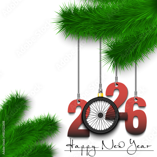Happy New Year. Numbers 2026 and bike wheel as a Christmas decorations hanging on a Christmas tree branch. Design pattern for greeting card, banner, poster, flyer, invitation. Vector illustration