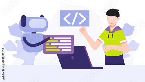 AI Helping to Write Code for Developers. Flat Vector Illustration