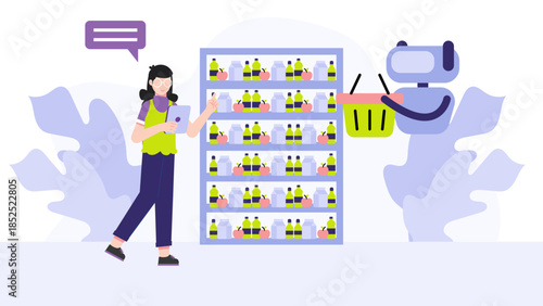 Smart Grocery Store with AI-Powered Shopping Carts. Flat Vector Illustration