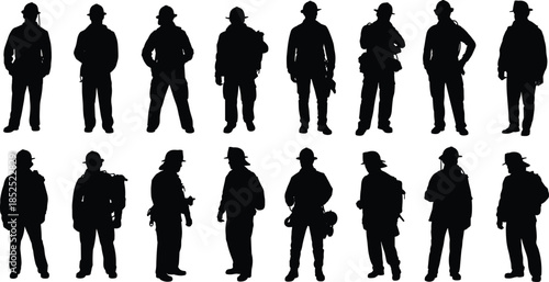 Firefighter silhouette poses, emergency gear, rescue tools, fireman action stances, protective uniform, black vector icons, safety equipment, isolated illustration, hero figures