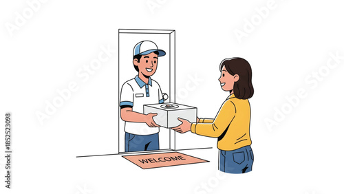 Delivery Person Handing Over Cake Box to Customer at Doorstep