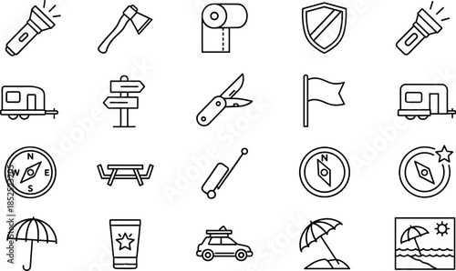 Camping and Outdoor Adventure Line Icons Set Including Travel, Navigation, Hiking, Survival, Picnic, Beach, Safety and Exploration Symbols