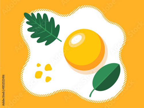 A vibrant vector illustration depicts a sunny-side-up egg with a glossy yolk and wavy dashed outline, garnished with two distinct green leaves and scattered crumbs on a warm yellow background