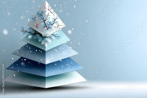 A layered, geometric Christmas tree with snowy branches stands against a soft blue winter background.