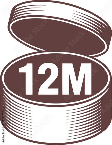 Open Jar Vector Icon with "12M" PAO Label in Green for Cosmetic Shelf Life, Product Safety, and Personal Care Packaging Design.