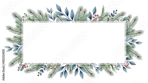 A delicate watercolor evergreen and eucalyptus frame featuring muted green branches and white berries on a minimalist white background