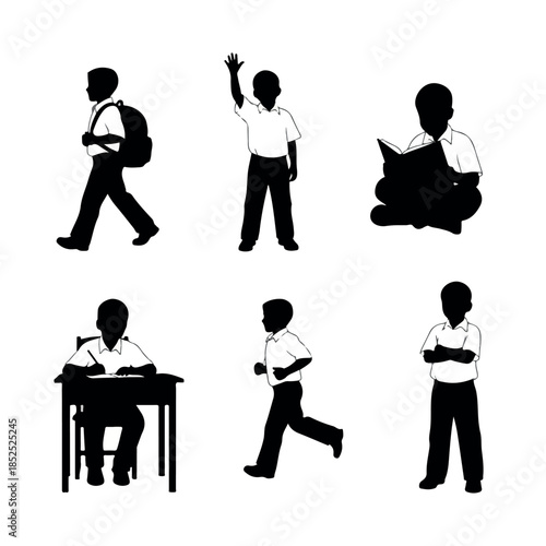 Silhouettes of schoolboys in various poses depicting different activities.