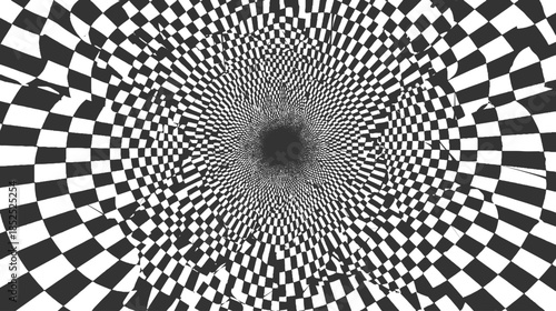 Black and white checkerboard pattern vortex tunnel optical illusion abstract
