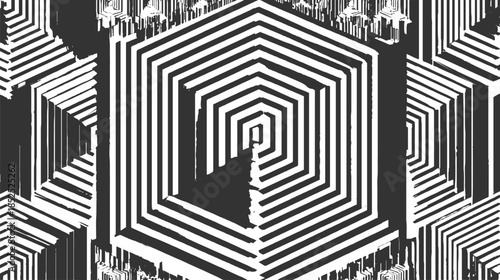 Black and white geometric hexagonal pattern with optical illusion effect