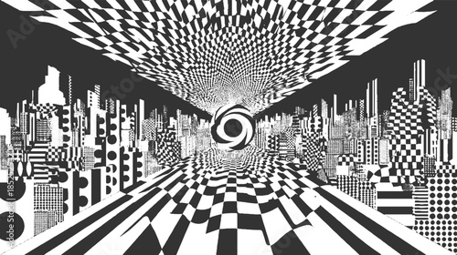 Black and white abstract cityscape with swirling vortex and checkered patterns geometric