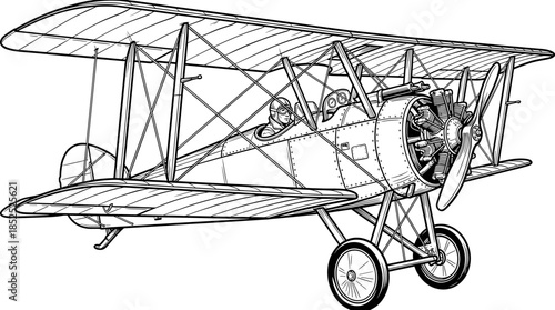 Line drawing of a vintage biplane with a detailed engine and wing structure on a white background.