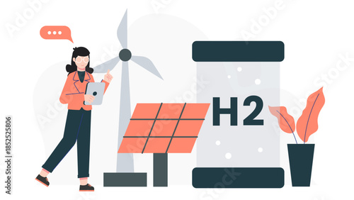 Green Tech Company Developing Hydrogen Fuel Cells. Flat Vector Illustration