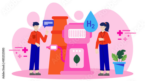 Green Tech Company Developing Hydrogen Fuel Cells. Flat Vector Illustration