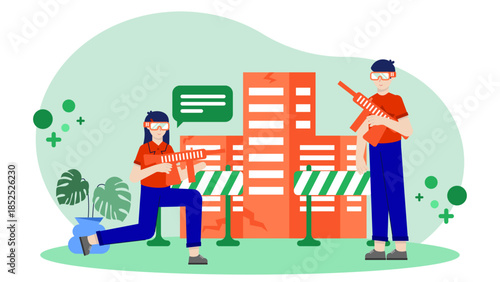 Virtual Reality Used for Military Training Simulations. Flat Vector Illustration