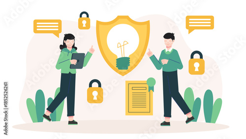 Digital Rights Management Team Protecting Intellectual Property. Flat Vector Illustration