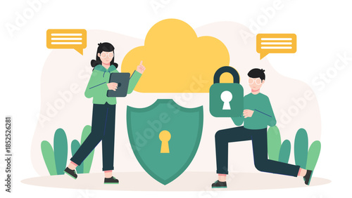 Cloud Security Team Preventing Data Breaches. Flat Vector Illustration