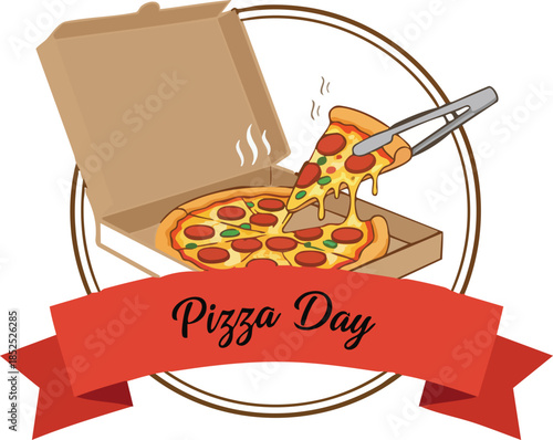 PrintCartoon illustration of a slice of pepperoni pizza being lifted from an open pizza box with tongs, framed by a circular border and a red banner reading pizza day