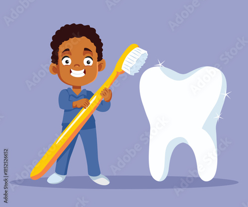 Boy Holding a Toothbrush Oral Health Vector Illustration. Little kid taking care of his oral health in early years 
