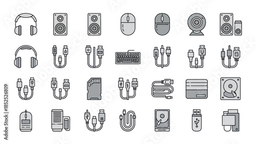 Set of sleek line icons depicting various technology and office items