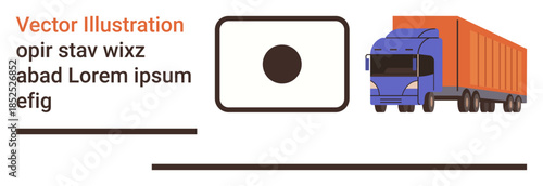 Logistics, transportation, cargo movement, freight shipment, delivery systems, storage solutions. A truck and a central dot framed by minimalist graphics. Logistics and transportation