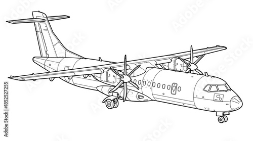 Line drawing of a small airplane with two propellers on a white background, showcasing its detailed design and structure.