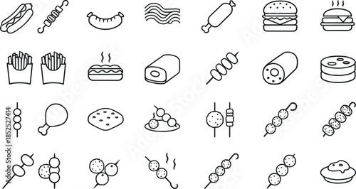 Street Food and Fast Food Line Icons Set Featuring Burgers, Hot Dogs, Sausages, Skewers, Snacks and Grilled Food Outline Symbols