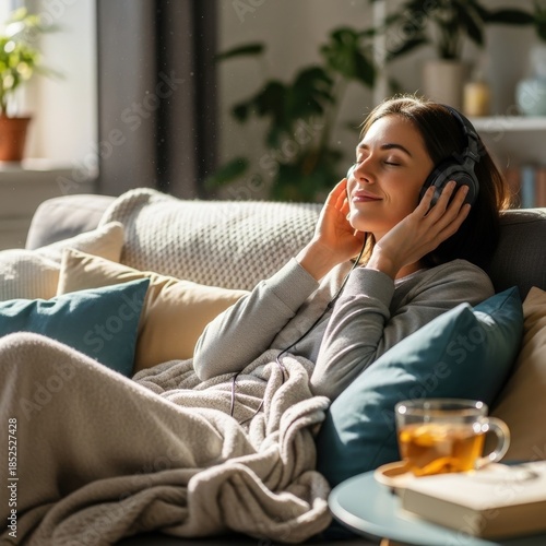 Cozy Afternoon Relaxation With Headphones And Tea.