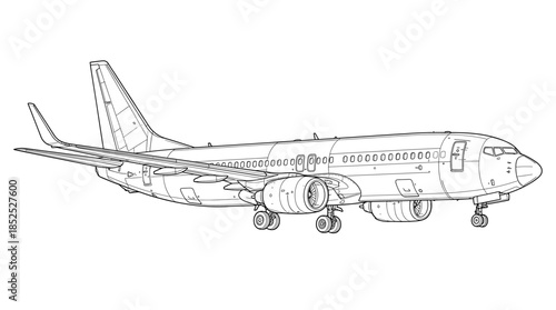 Detailed line drawing of a commercial airplane on a white background with a simple and technical mood.