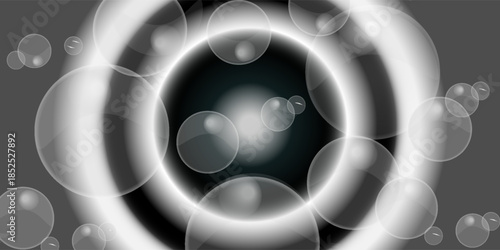 Many bubbles of various sizes on a black and white background. Large and small water bubbles. circle background.
