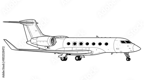 Line drawing of a small jet airplane with a single engine and six windows on the side, set against a solid white background.